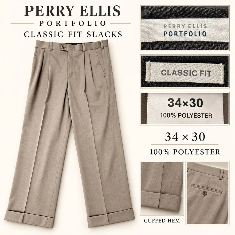 Perry Ellis Portfolio Mens 34x30 Classic Fit Slacks Pleated Cuffed Tan Taupe